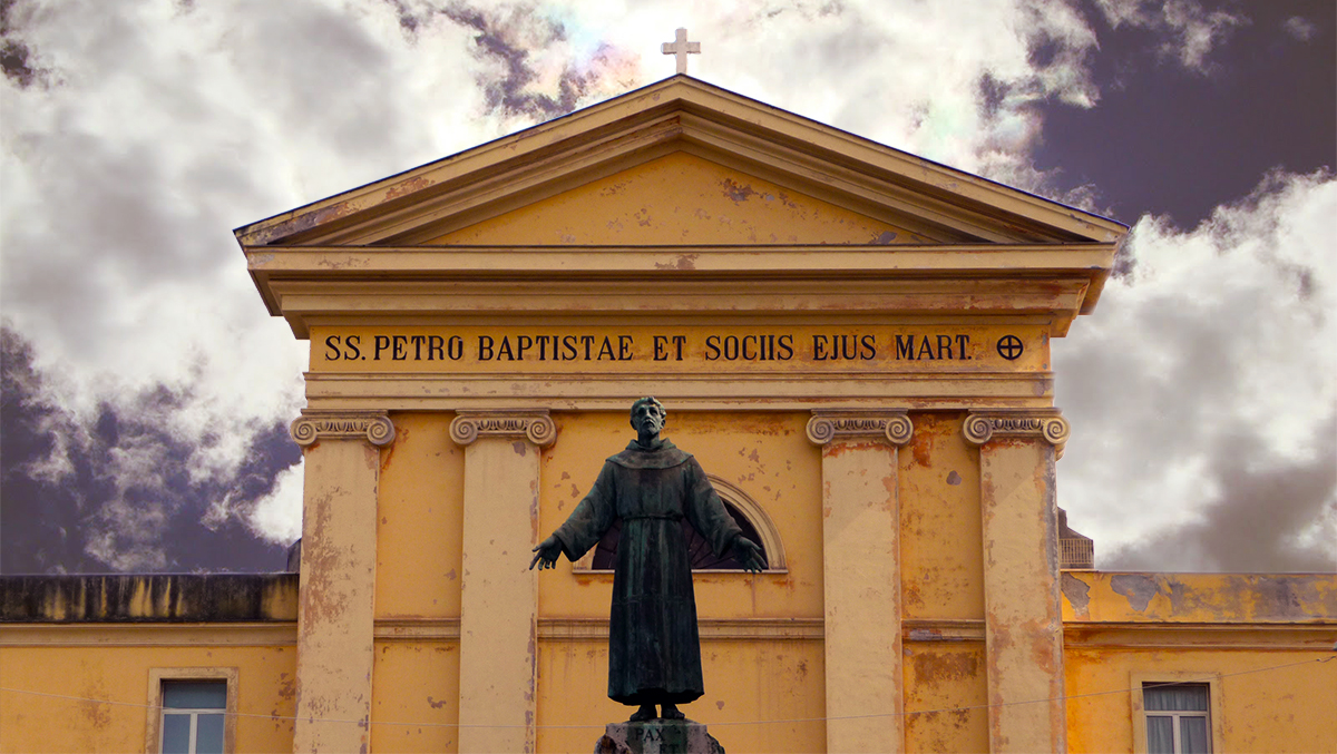 The statue of St Francis of Assis in front of the Church of the Holy Japanes Martyrs 